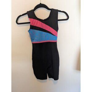 Moret Active Girl Youth Gymnastics Leotard Black Pink Blue Swirl Medium 8/10